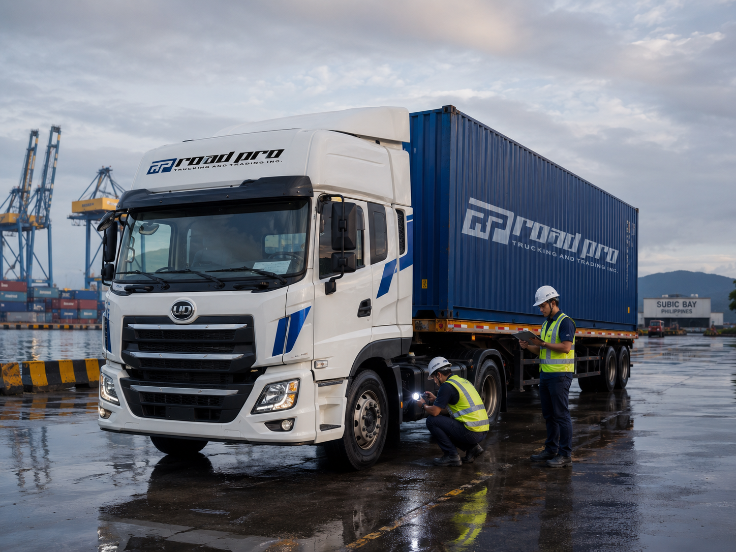 Road Pro crew inspecting the drive axle of a container unit at Subic Bay port after rain