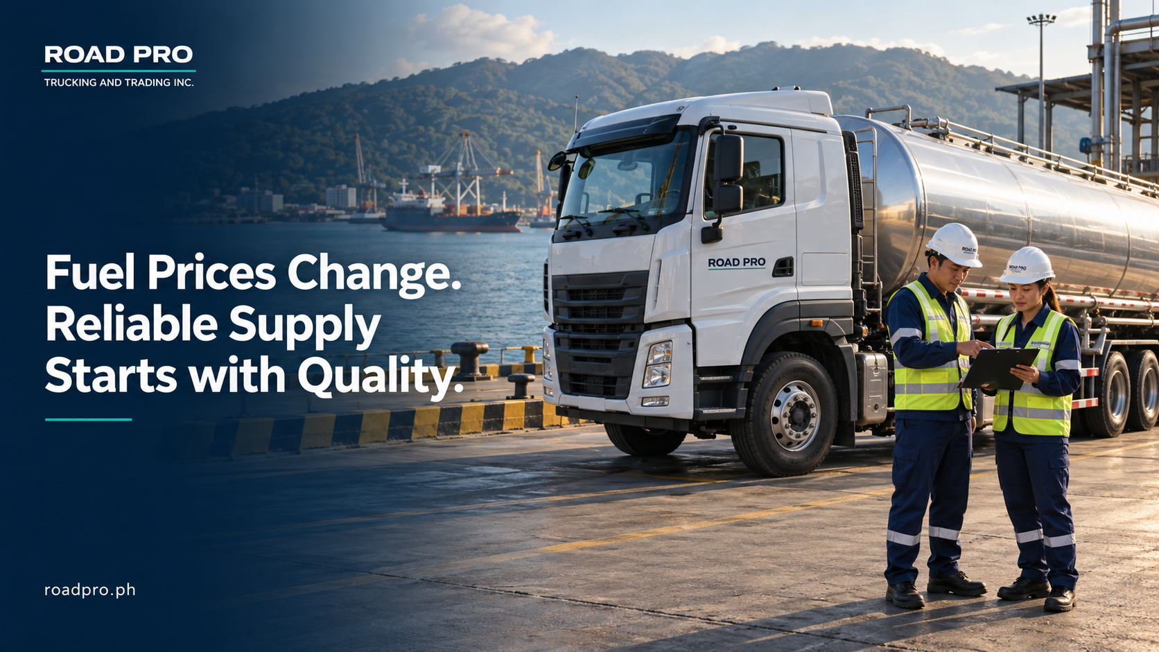 Road Pro fuel tanker at a Philippine port with two logistics staff reviewing delivery details