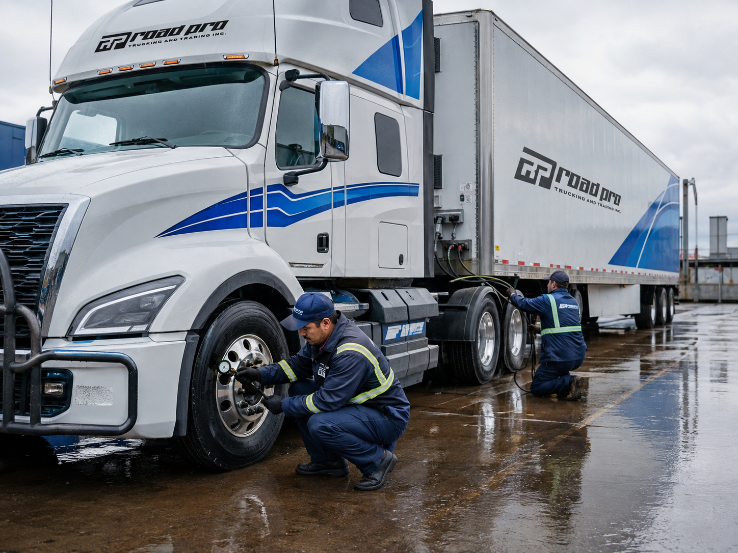 Two Road Pro technicians checking tire pressure and air lines on a tractor-trailer on wet pavement